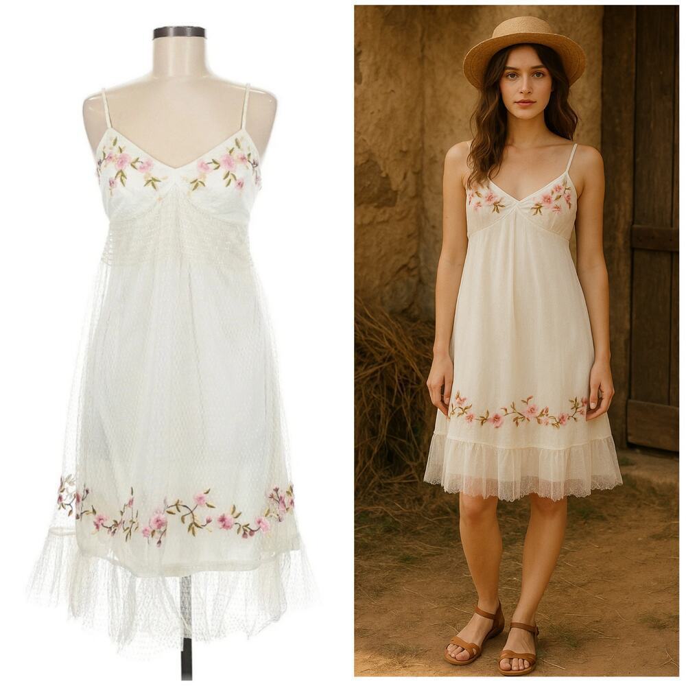 Vintage Sue Wong Mini Dress Cocktail Fairy Y2K Slip Floral Guest Bead Flowy 6 S